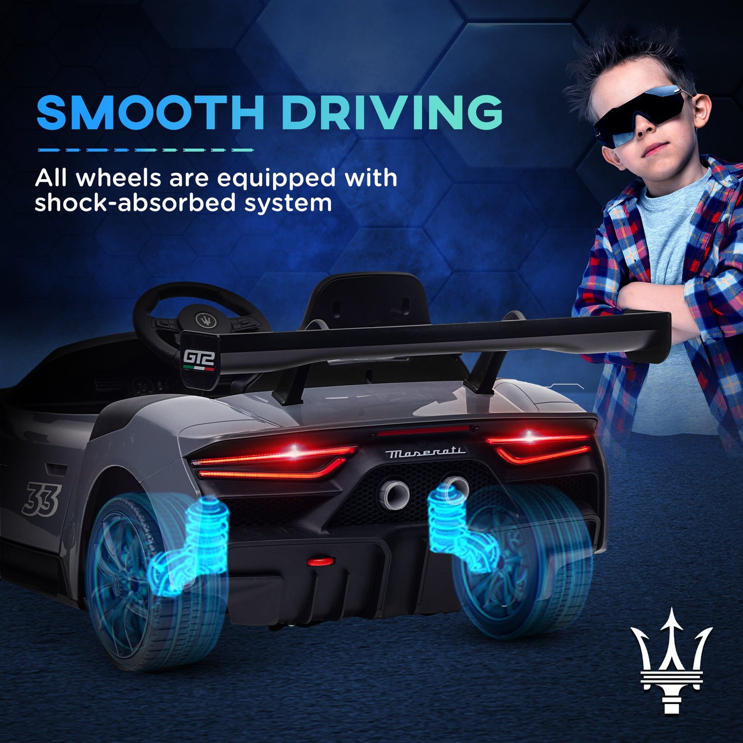 AIYAPLAY Maserati GT2 Licensed 12V Kids Electric Ride on Car with 4 Suspension, Remote Control Music Horn Lights - Grey - White - Pink