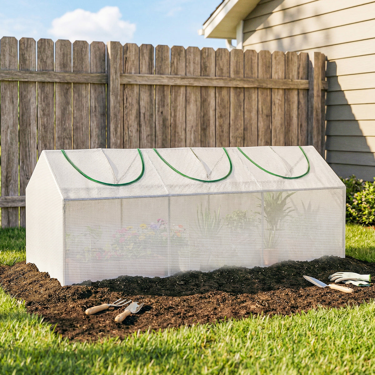 Outsunny Mini Greenhouse | 180 × 60 × 60cm White PE Grow House | 3 Zipped Roll-Up Windows | Steel Frame & 10cm Bury-In Edges