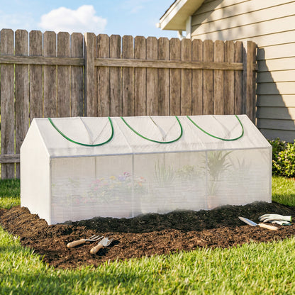 Outsunny Mini Greenhouse | 180 × 60 × 60cm White PE Grow House | 3 Zipped Roll-Up Windows | Steel Frame & 10cm Bury-In Edges