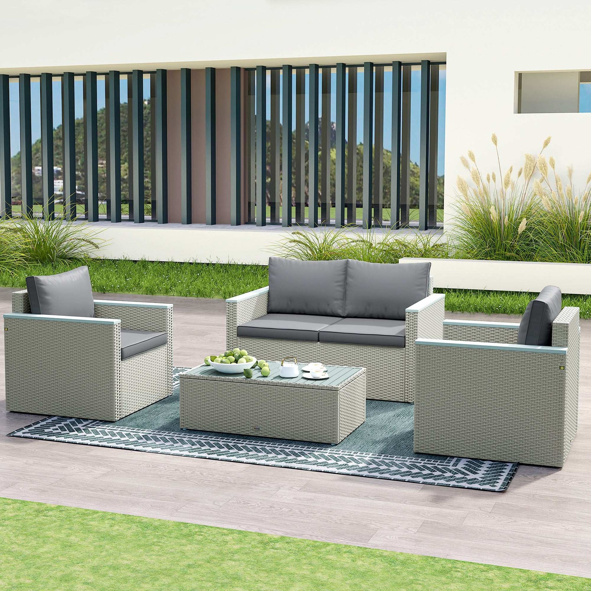 4 Piece Rattan Garden Furniture Set, 4 Seater Wicker Outdoor Sofa Set with 2 Armchairs, Loveseat, Acacia Wood Top Coffee Table - Grey