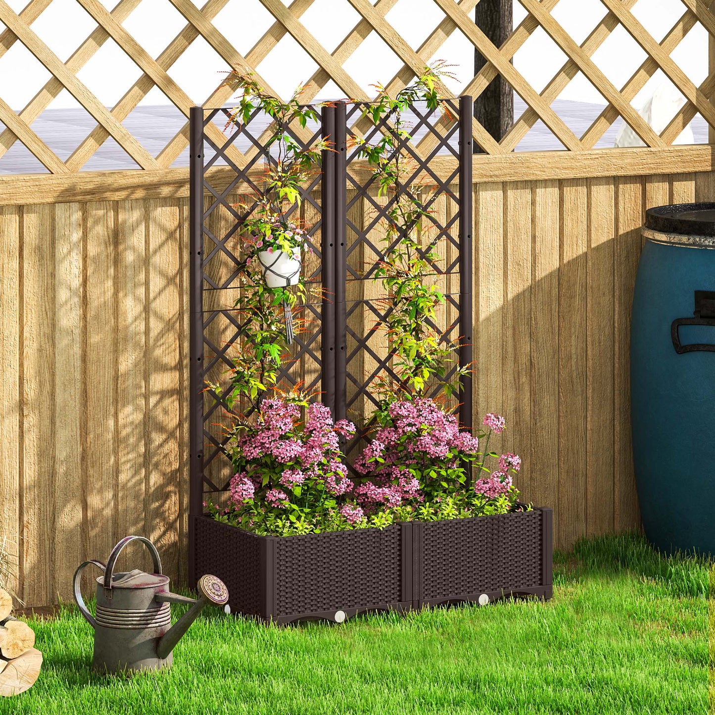 PP Raised Garden Bed with Trellis | 8 Drainage Holes & Drain Plugs | 20kg Capacity | 80x40x123cm | Indoor & Outdoor | Climbing Plants Veg & Flowers | Brown