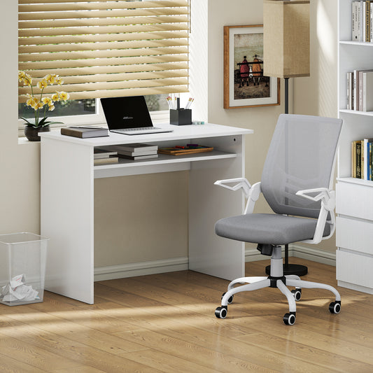 Home Office Desk & Ergonomic Mesh Chair Set | Flip-Up Arms | Storage Shelf | White & Grey