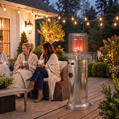 Outsunny Gas Patio Heater | Silver Stainless Steel | 13kW Stepless | 30m² Coverage | Pulse Ignition | Tip-Over Protection | Propane | Metal Mesh Guard | Tank Cabinet | 52x46x136cm