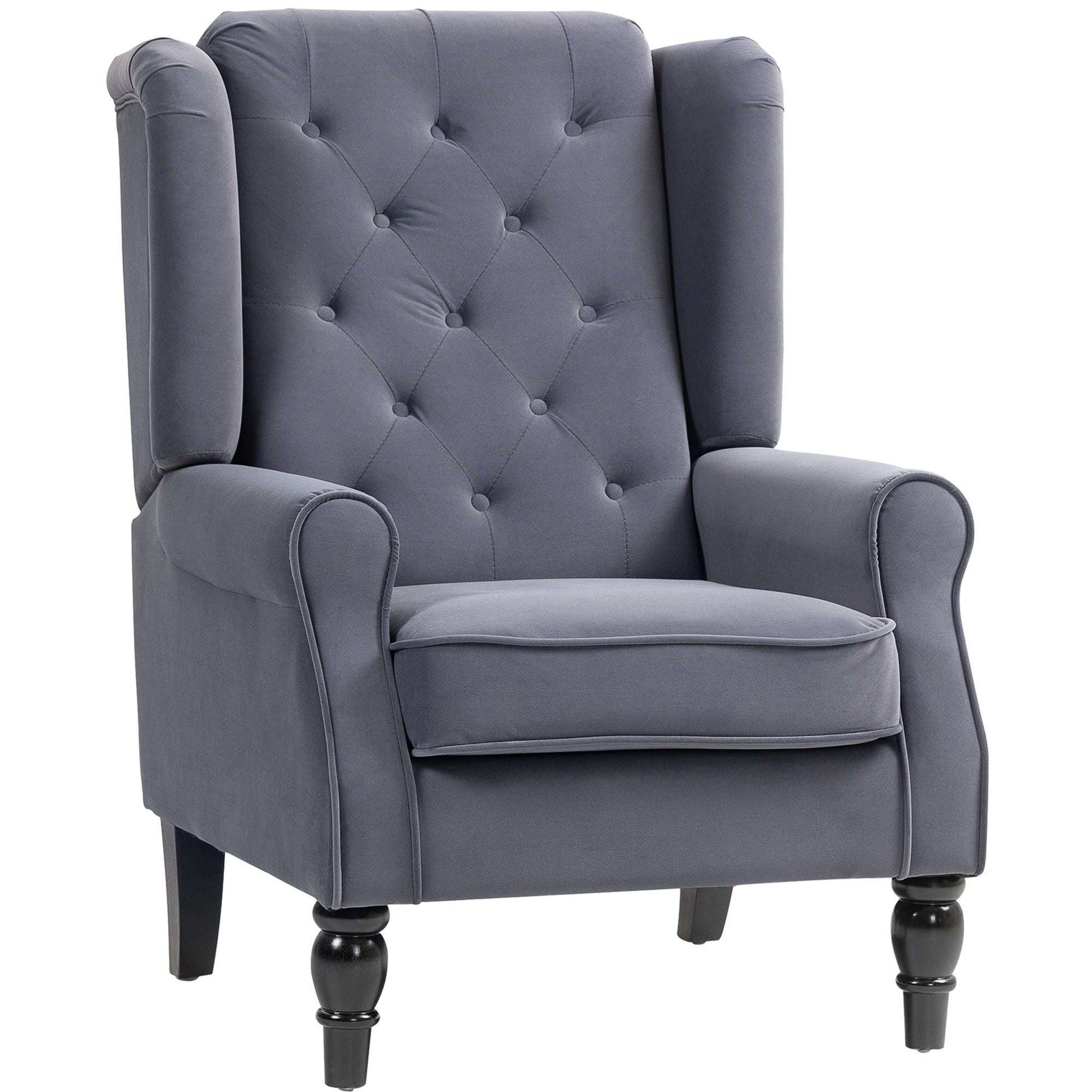 Retro Vintage Style Wingback Accent Chair, Upholstered Button Tufted Occasional Chair for Living Room and Bedroom, Charcoal Grey