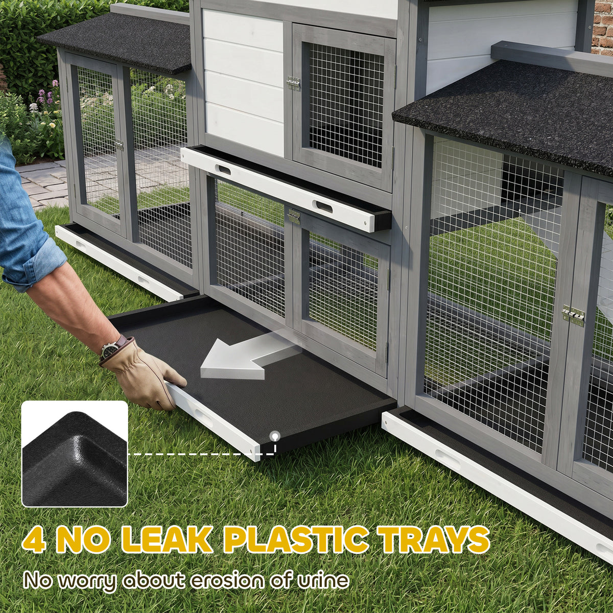 2-Tier Large Rabbit Hutch | Outdoor | Double Side Run Boxes | No-Leak Tray | Ramp | 230cm | Light Grey