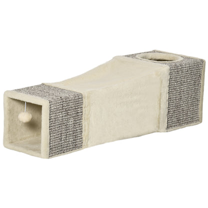 PawHut Cat Tunnel, 2 Cat Caves, Scratching Surfaces and Ball Toy, 98 cm x 30 cm x 30 cm, Brown + Beige