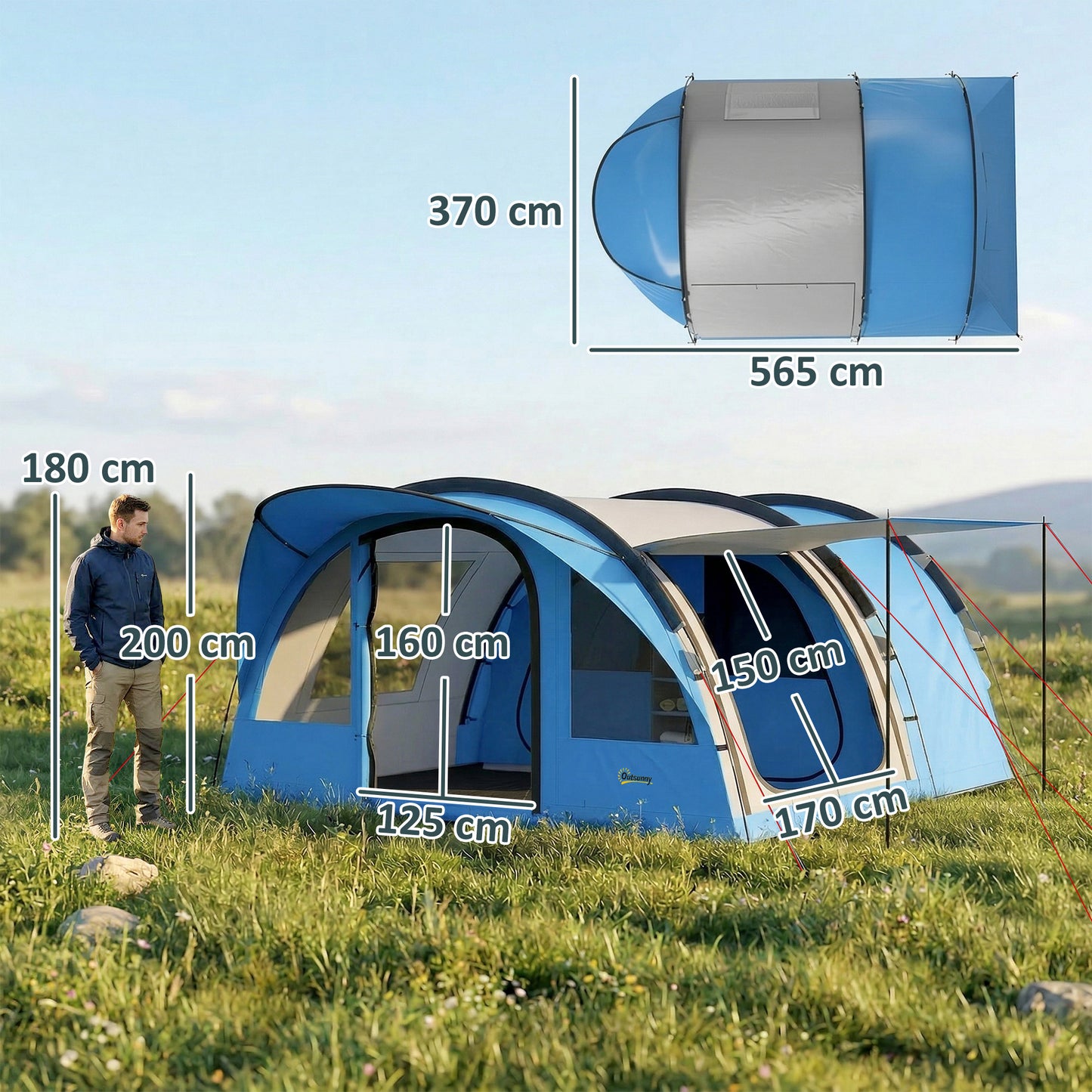 4-Person Family Camping Tent | 2 Rooms | Removable Divider | 3000mm Waterproof | Level 4 Wind Resistance | 7 Storage Pockets | Sets Up in 5-15 Mins | 565 x 370 x 200cm | Sky Blue & Grey