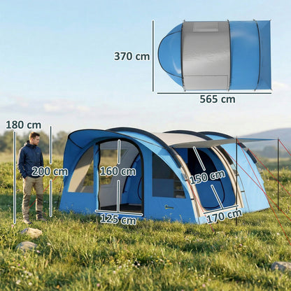 4-Person Family Camping Tent | 2 Rooms | Removable Divider | 3000mm Waterproof | Level 4 Wind Resistance | 7 Storage Pockets | Sets Up in 5-15 Mins | 565 x 370 x 200cm | Sky Blue & Grey