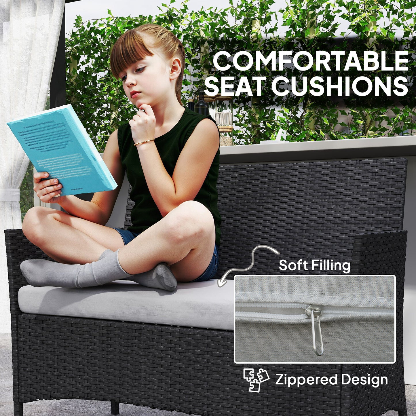 4-Piece PE Rattan Garden Sofa Set | Loveseat | 2 Armchairs | Tempered Glass Coffee Table | Powder-Coated Steel Frame | 2000h UV-Resistant PE Rattan | 5cm Zip Cushions | Protective Foot Pads | 240kg Loveseat Capacity | Black