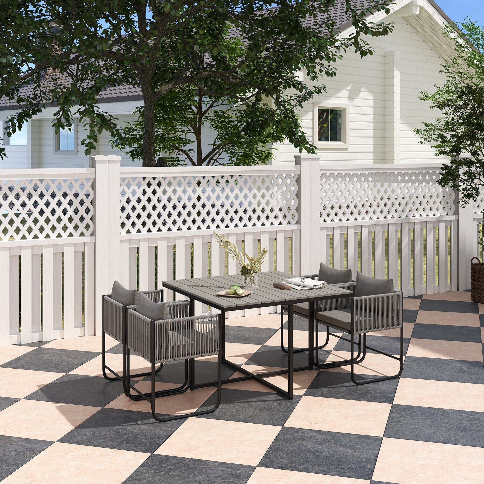 4 Seater Rattan Cube Garden Furniture Set, Rattan Dining Set with Cushions, Outdoor Dining Table and Chairs with Rectangular Wood Grain