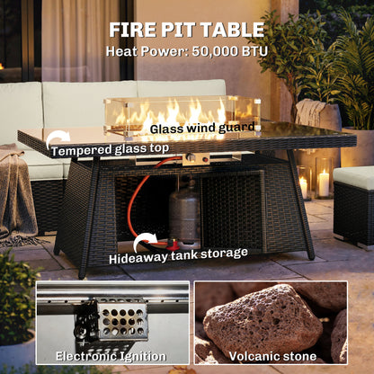 7 Piece Rattan Garden Sofa Set with 50,000 BTU Gas Fire Pit Table | 2 Corner Loveseats | Loveseat | 3 Footstools | Glass Wind Guard | Padded Cushions | Washable Covers | Cream