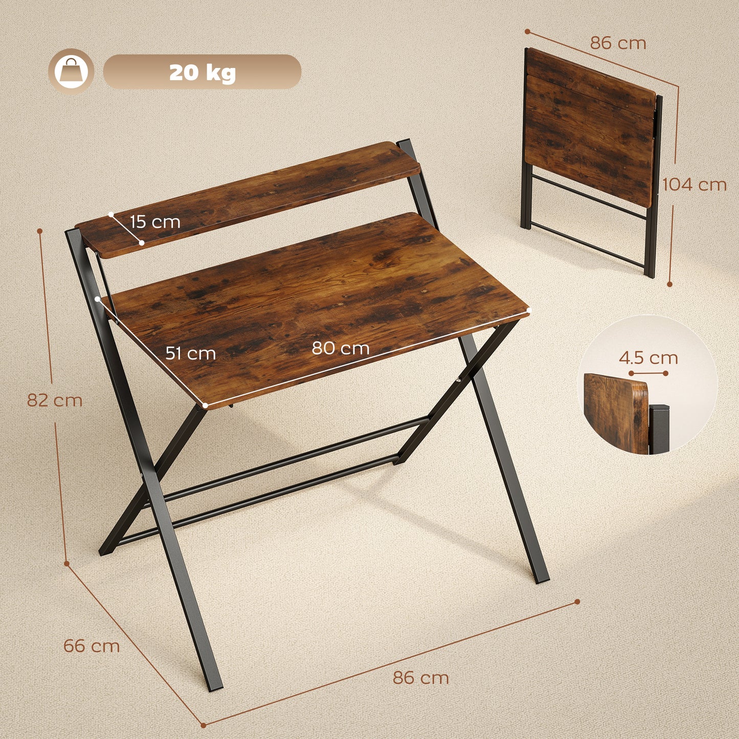 Compact Folding Desk for Small Spaces | Upper Storage Shelf | X-Frame | Melamine Surface | Curved Corners | Folds to 4.5cm | 86x66x82cm | Rustic Brown