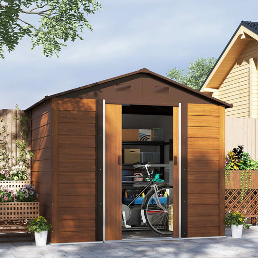 Outsunny Garden Storage Shed with Sliding Door - Brown Wood Effect