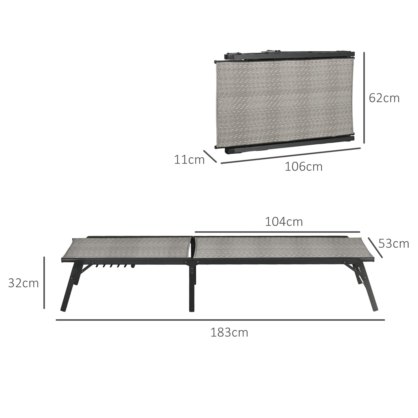 Outsunny Foldable Outdoor PE Rattan Sun Lounger Set of 2, Patio Wicker Recliners Lounge Chair w/ 5-Level Adjustable Backrest - Mixed Grey