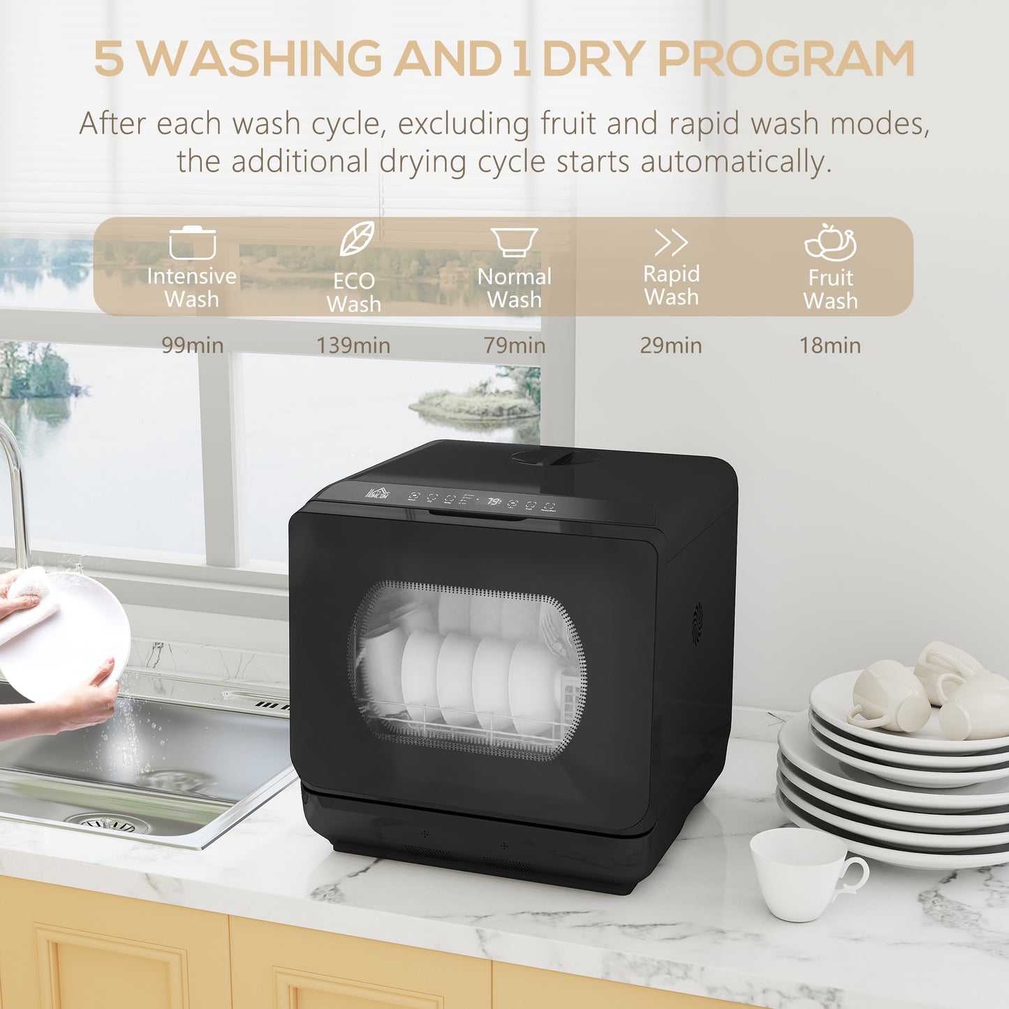 Table Top Dishwasher with Built-in 6L Water Tank, Mini Countertop Dishwasher with 6 Programs, 4 Place Settings, Black