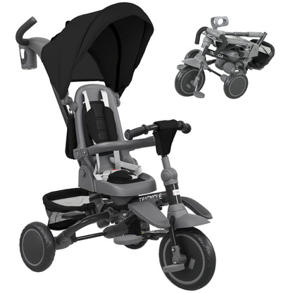 AIYAPLAY 6 in 1 Foldable Kids Trike with Adjustable Parent Handle & Canopy for Ages 1-5, Grey / Black / Pink