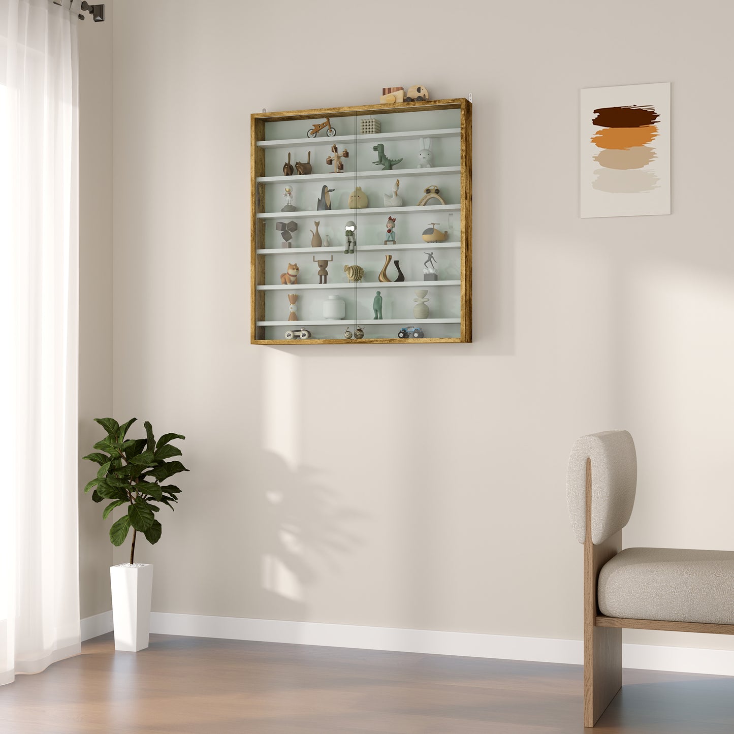 7-Tier Wall Display Shelf Unit Cabinet w/ 6 Adjustable Shelves Glass Doors Home Office Ornaments 83x80cm, Rustic Brown / Oak