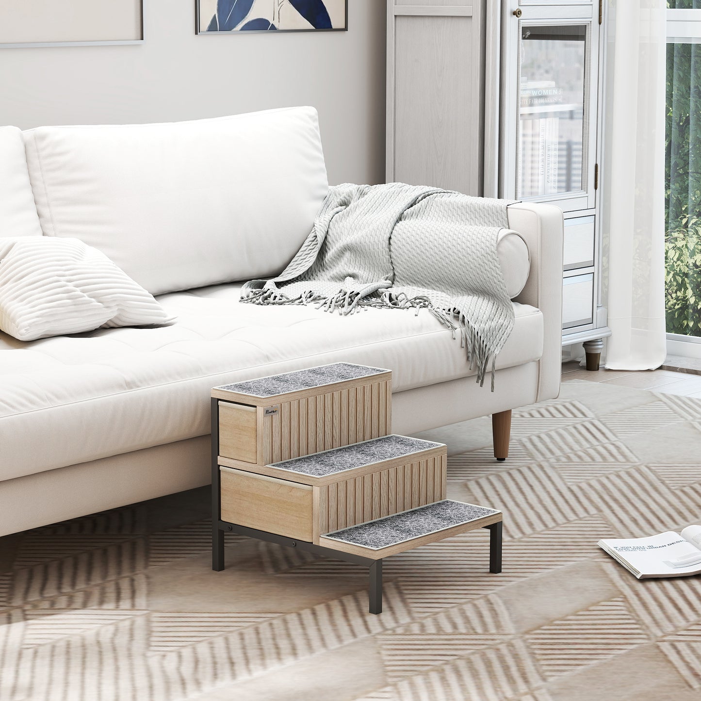 PawHut Dog Stairs with Storage, Non-Slip Cover, Pet Steps for Small Dogs & Older Cats, for Sofa, High Bed, Oak Tone