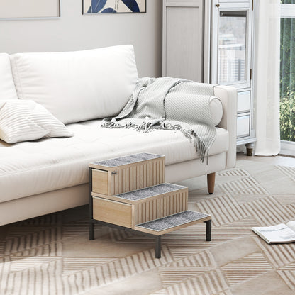 PawHut Dog Stairs with Storage, Non-Slip Cover, Pet Steps for Small Dogs & Older Cats, for Sofa, High Bed, Oak Tone