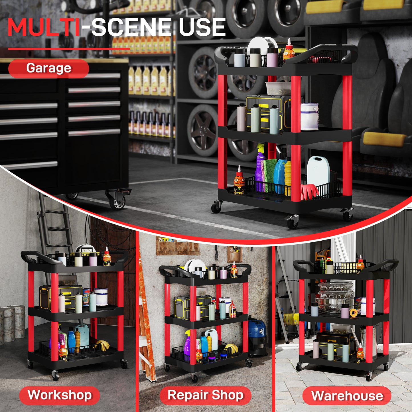 3-Tier Rolling Tool Cart, Tool Trolley on Wheels, Plastic Mobile Service Utility Cart W/ Handles for Garage, Mechanics and Warehouse, 91kg Capacity