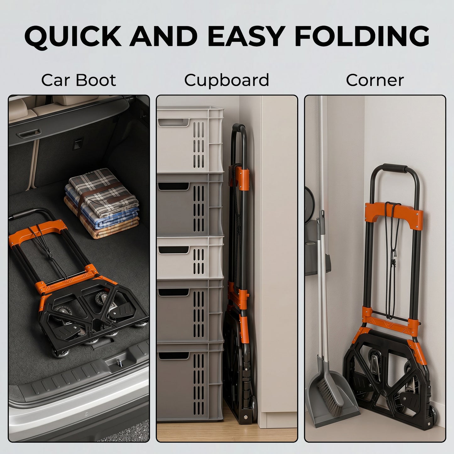 Heavy Duty Foldable Trolley on Wheels | 75kg Flat / 45kg Stairs | Tri-Wheel Stair Climbing | Telescopic Handle | Steel | Black & Orange