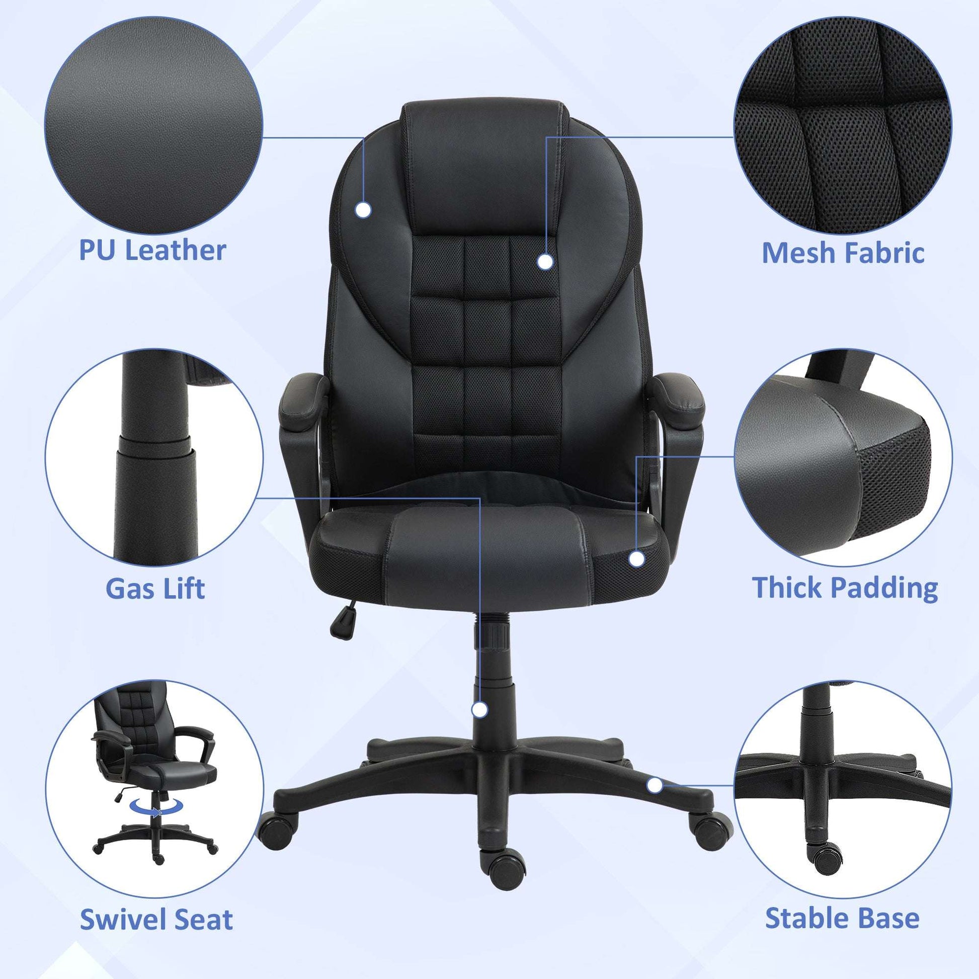 Executive Office Chair, PU Leather High Back Desk Chair, Swivel Computer Chair with Adjustable Height and Tilt Function, Black