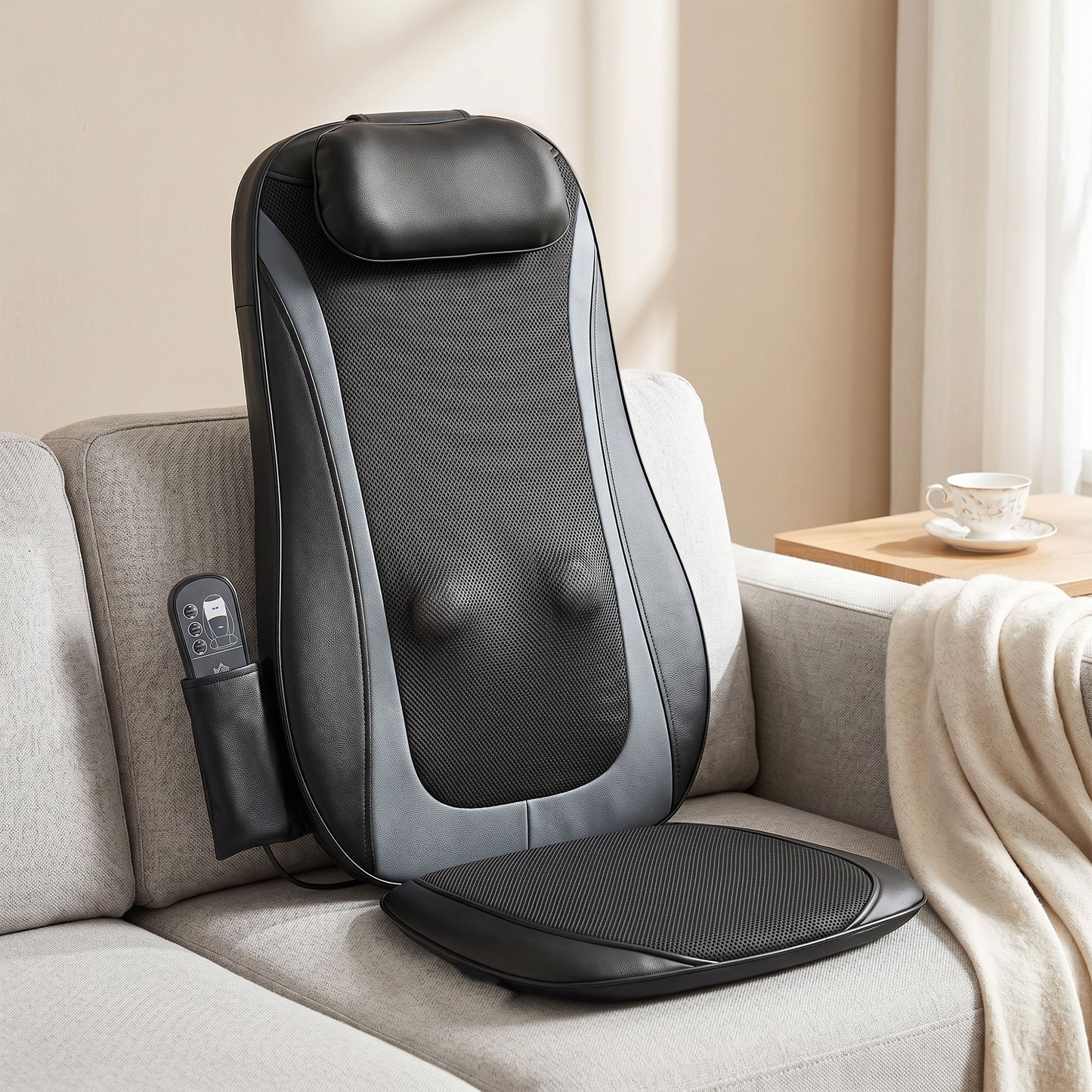 Shiatsu Back Massager Chair Pad | 4 Kneading Nodes | Spot Function | Heat | 3-Level Vibration | Car & Home | Black