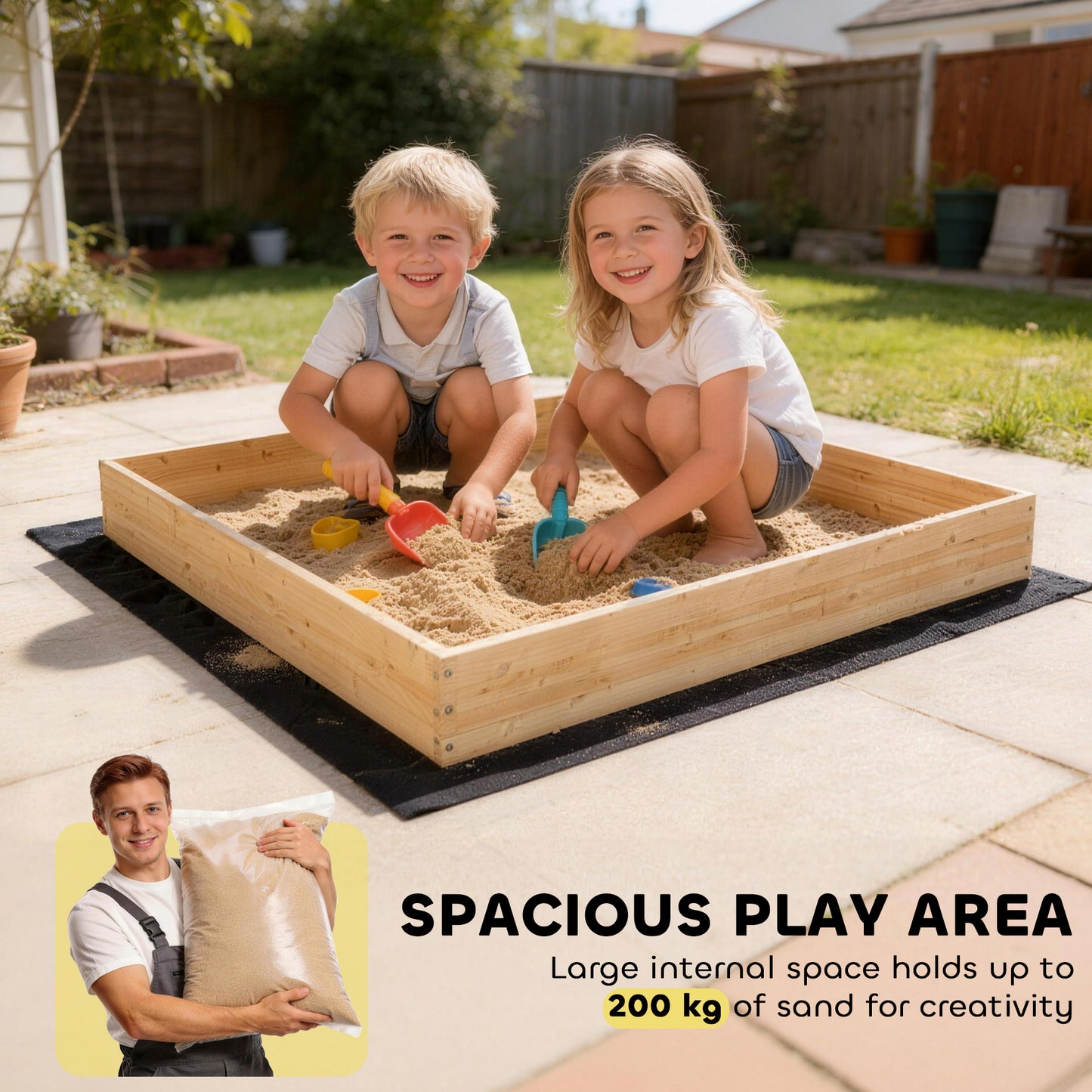Wooden Sand Pit with Digger & 360° Swivel Seat – 200kg Sand Capacity, Fabric Liner, Solid Fir Wood, For Garden, Ages 3–6