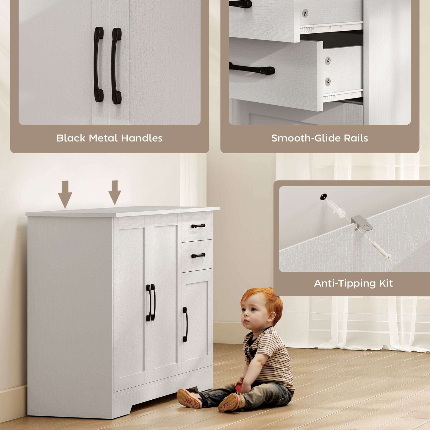 Sideboard with 2 Drawers Modern Storage Cabinet, Kitchen Cupboard with Adjustable Shelf and 3 Doors White