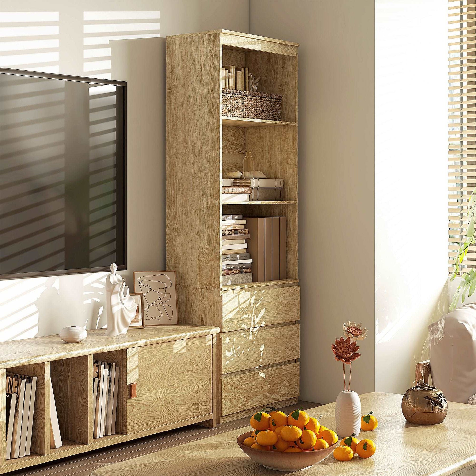 180cm Tall Bookcase with Storage, Free Standing Bookshelf with 3 Shelves and 3 Drawers, Display Cabinet for Living Room, Home Office, Bedroom, Oak