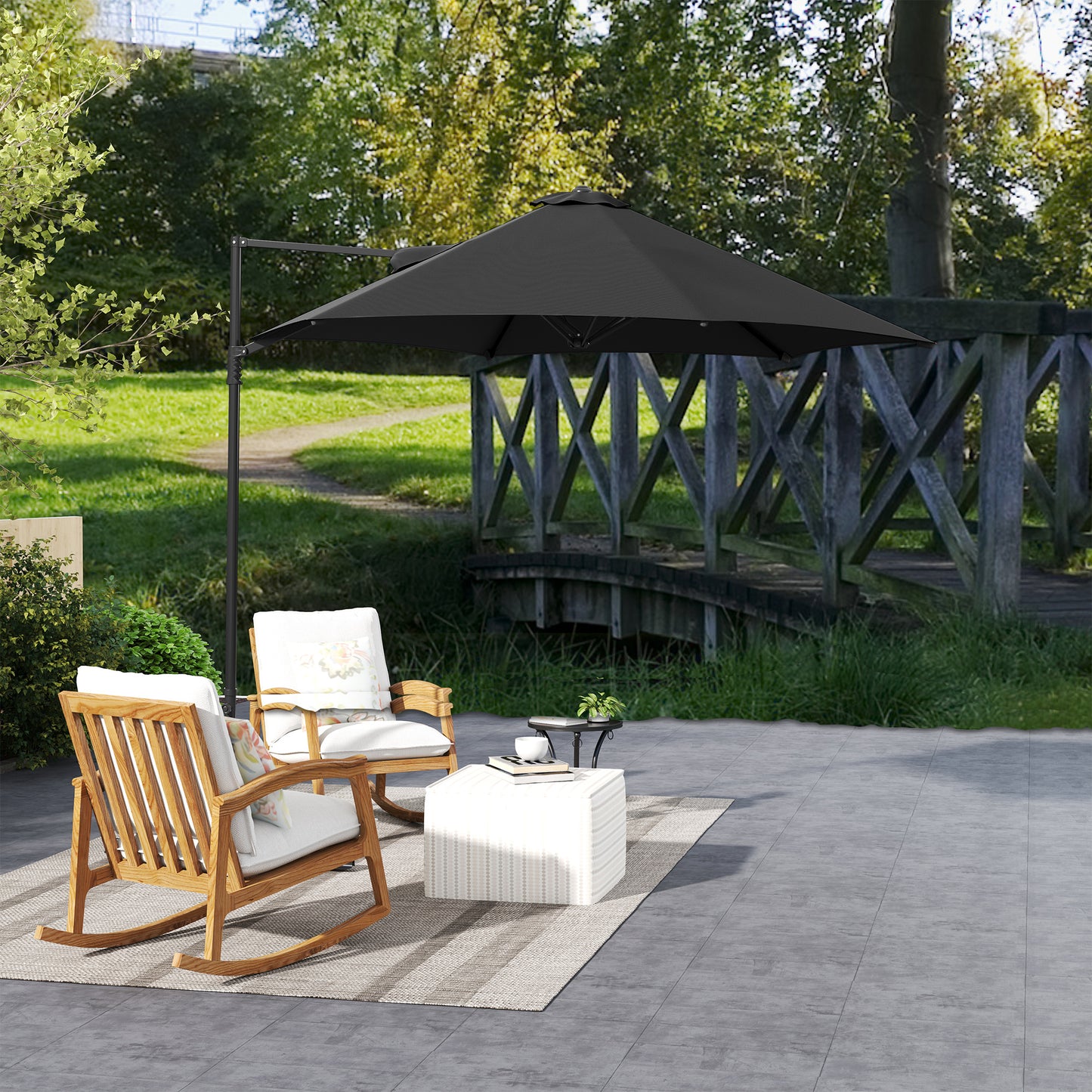 2.5M Garden Cantilever Parasol, Offset Roma Patio Umbrella Hanging Sun Shade Canopy Shelter with 360° Rotation and Cross Base, Black