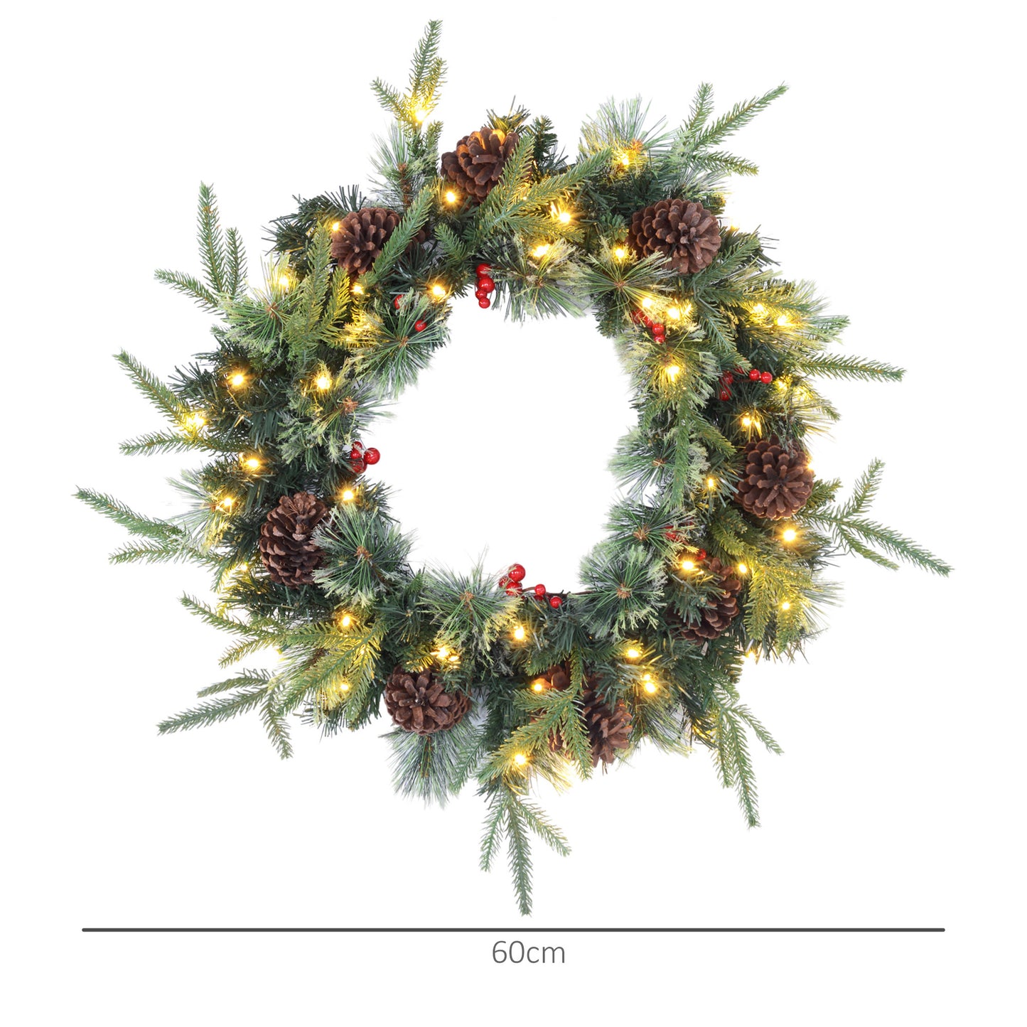 60cm Pre-Lit Christmas Wreath for Front Door with LED Lights, Pine Cones and Red Berries, Winter Wreath for Windows, Wall Decoration, Green