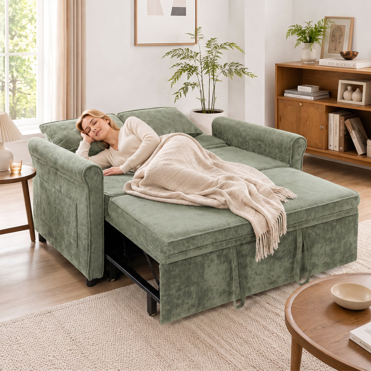 2 Seater Sofa Bed | 3-in-1 Convertible Chenille Sleeper Sofa with Pull-Out Bed, 5-Position Backrest & Side Pockets | 190 x 130 cm | Light Green or Grey