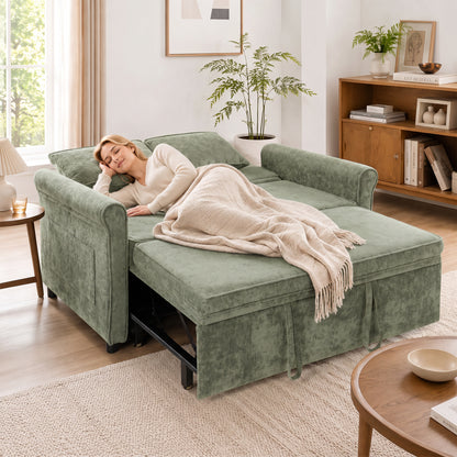 2 Seater Sofa Bed | 3-in-1 Convertible Chenille Sleeper Sofa with Pull-Out Bed, 5-Position Backrest & Side Pockets | 190 x 130 cm | Light Green or Grey