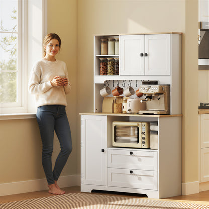 Freestanding Kitchen Cupboard | 2 Cabinets | 2 Drawers | 3 Door Racks | Adjustable Shelves | 8 Mug Holders | 106kg | White