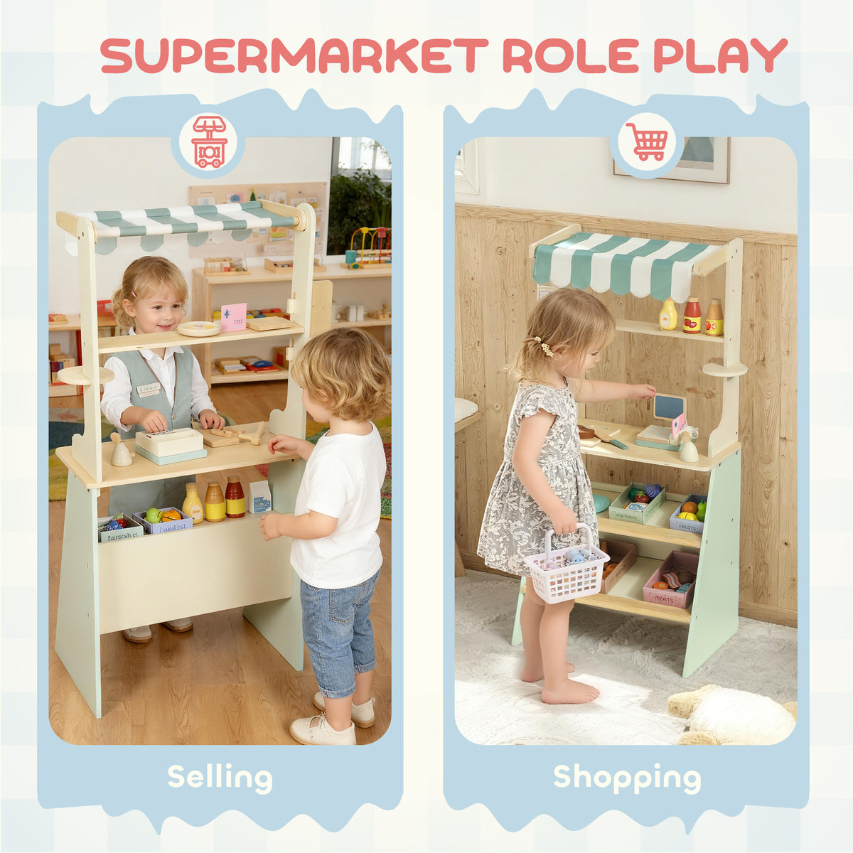 AIYAPLAY Wooden Toy Shop & Market Stall | Green | 40x30x92.5cm | 34 Accessories | Cash Register | Blackboard | Cuttable Food | 4 Storage Boxes | MDF & Wood | Rounded Edges | Age 3+