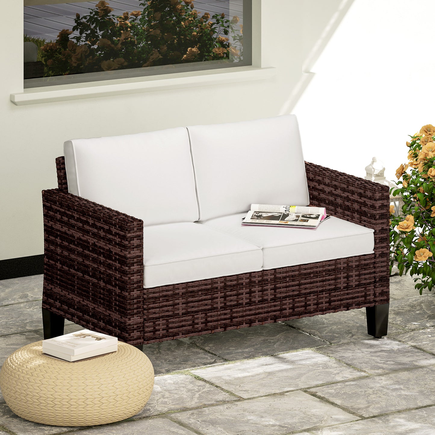 2-Seater Rattan Outdoor Sofa | 8cm Washable Cushions | Galvanised Steel Frame | Adjustable Feet | 240kg | Brown Rattan & Cream Cushions