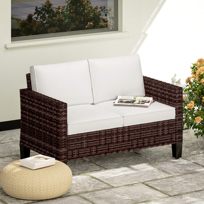 2-Seater Rattan Outdoor Sofa | 8cm Washable Cushions | Galvanised Steel Frame | Adjustable Feet | 240kg | Brown Rattan & Cream Cushions
