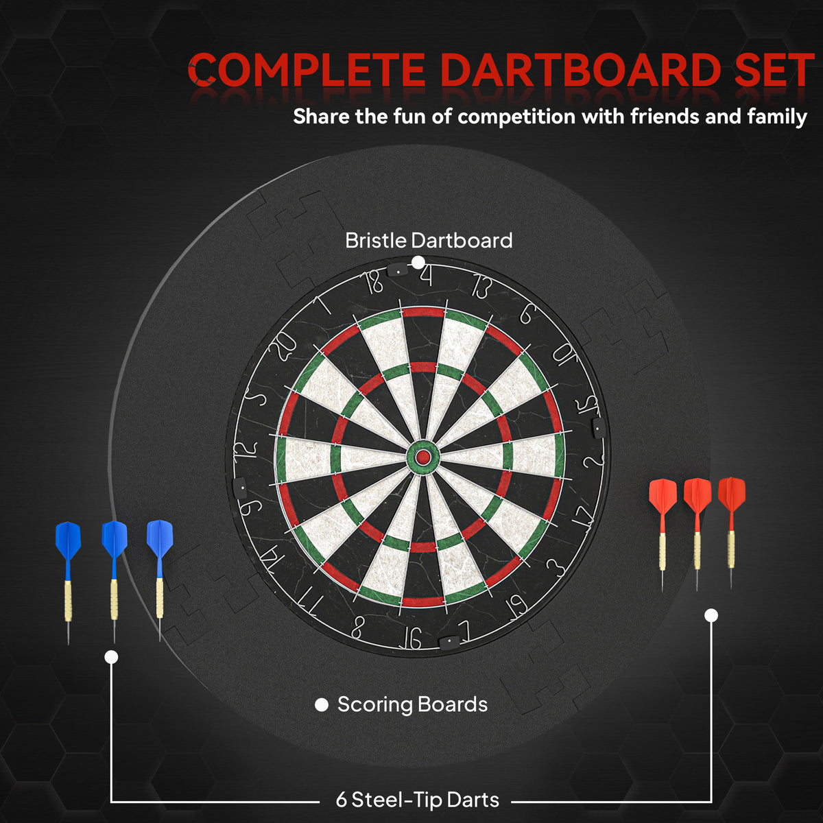 SPORTNOW Bristle Dartboard Set | 45.5cm Sisal Board & 71.5cm EVA Wall Surround | 6 Steel-Tip Darts | Black Interlocking 4-Piece Surround