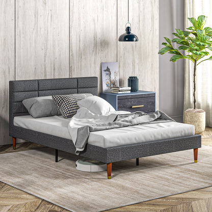 4 ft 5 Upholstered Double Platform Bed Frame with Underbed Storage Tufted Headboard Wood Slat No Box Spring Needed
