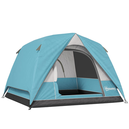 3-4 Person Camping Tent, Easy Set Up Waterproof Dome Tent with Sewn-in Groundsheet, Mesh Windows, Pocket and Hook for Camping, Light Blue