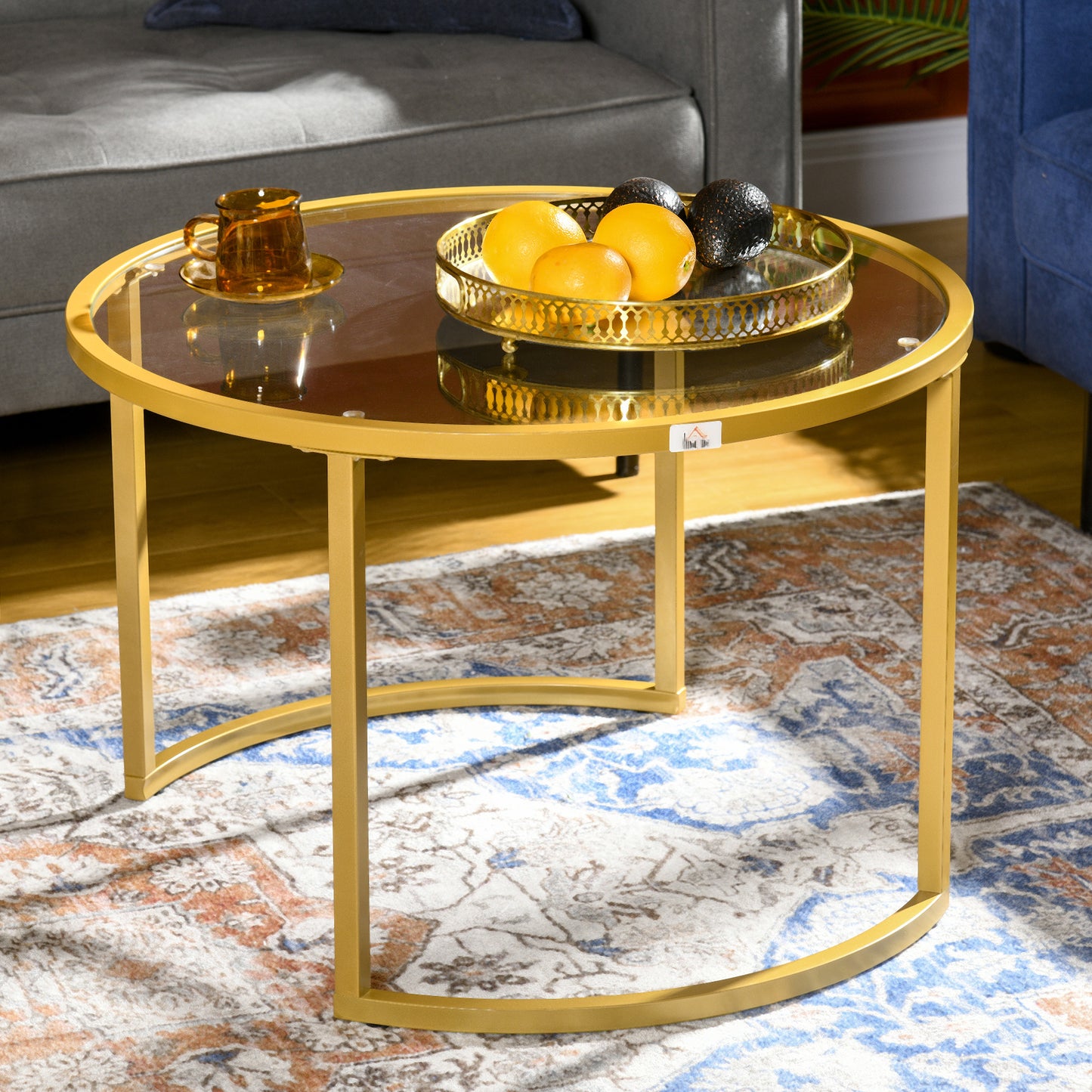 Coffee Table Set of 2, Modern Nest of Tables with Tempered Glass Top, Steel Frame for Living Room, Gold Tone