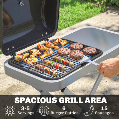 Foldable Suitcase Gas BBQ Grill | 2.5kW | 1800cm² | Wheeled | Side Table | Thermometer | Grease Tray | LPG/Propane | 109x55x89cm | Black