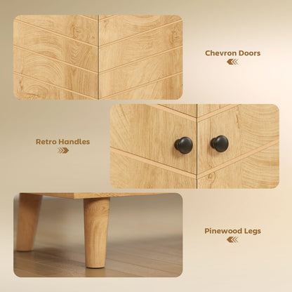 Vintage Sideboard with Chevron Doors and Pine Wood Legs for Living Room, Kitchen