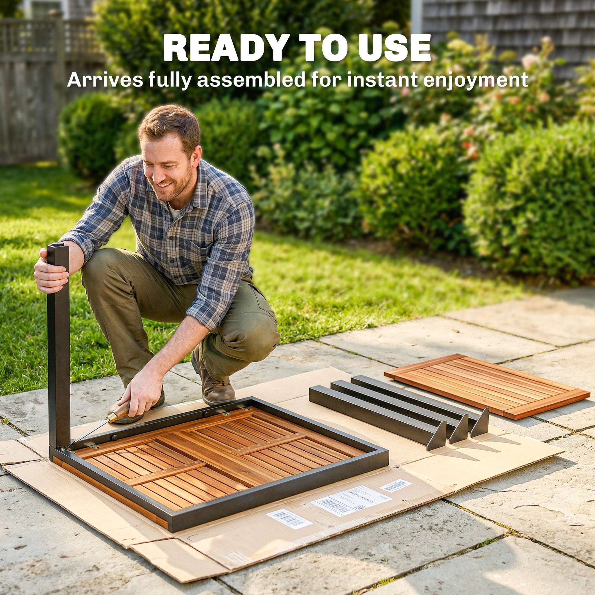 Expandable Acacia Wood Garden Dining Table | Black Powder-Coated Steel Frame | Extends 80-120cm | Adjustable Foot Pads | 50kg Capacity | No Assembly Required | 120x70x75cm | Natural & Black