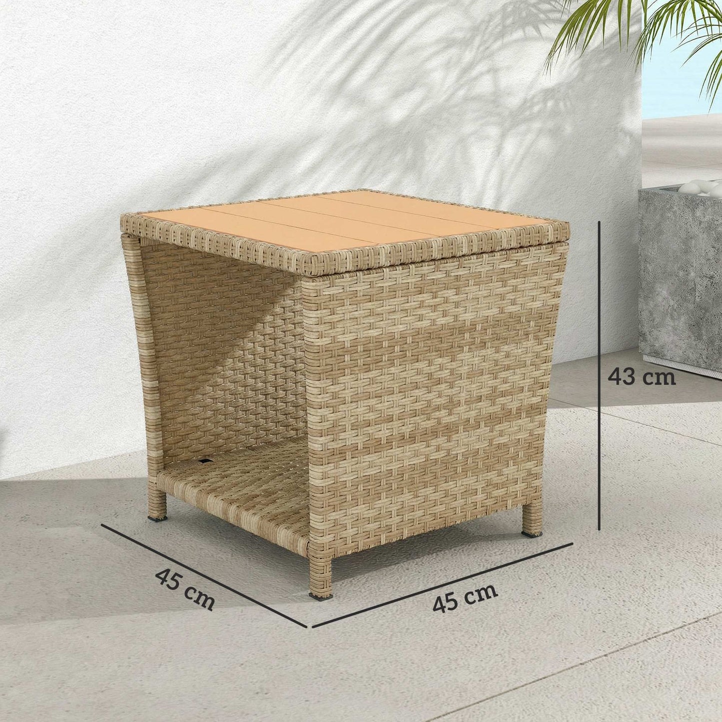 2-Tier Outdoor Rattan Side Table | PS Wood-Plastic Slat Top | PE Wicker | Powder-Coated Frame | UV-Resistant | 50kg | 45x45x43cm | Khaki