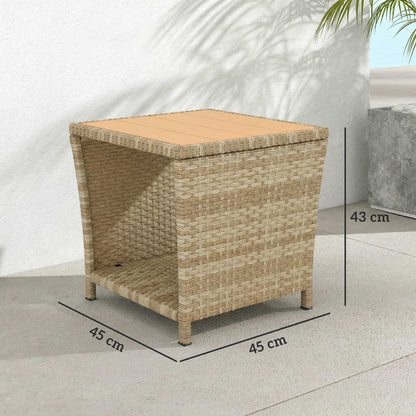 2-Tier Outdoor Rattan Side Table | PS Wood-Plastic Slat Top | PE Wicker | Powder-Coated Frame | UV-Resistant | 50kg | 45x45x43cm | Khaki