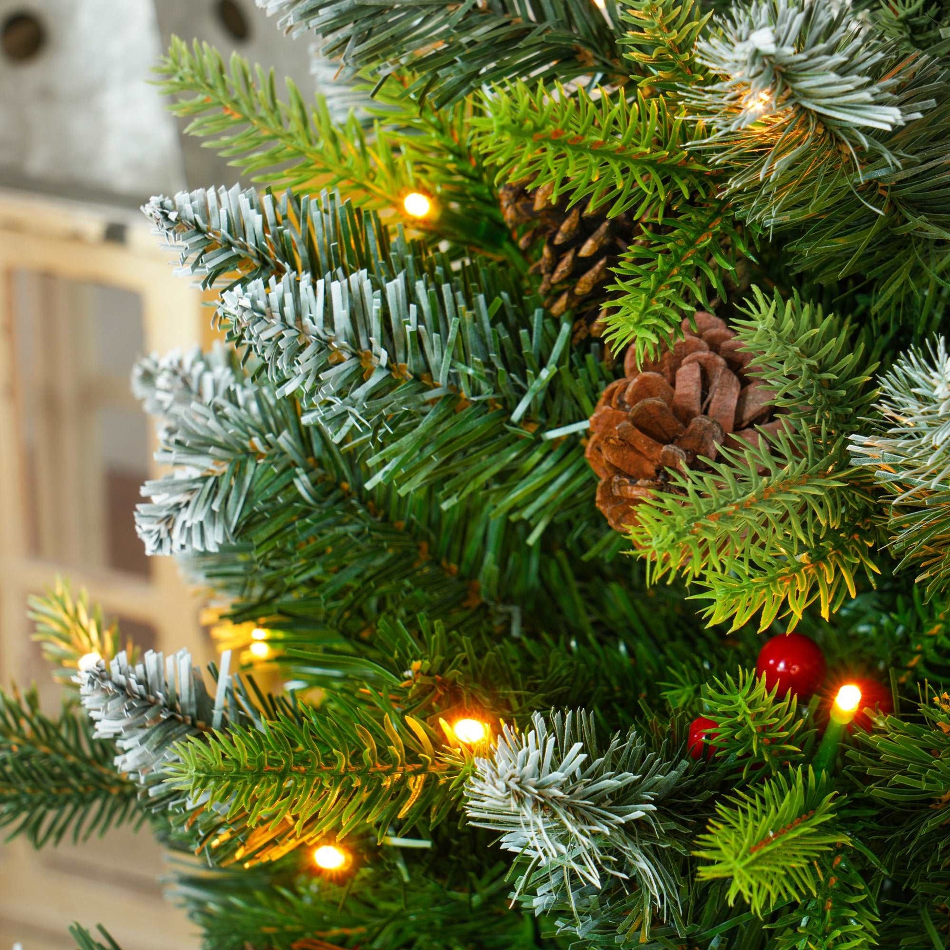 2 Pieces 3ft Prelit Artificial Christmas Tree with LED Light and 291 Tips, Concrete Base, For Tabletop with Pine Cones and Red Berries