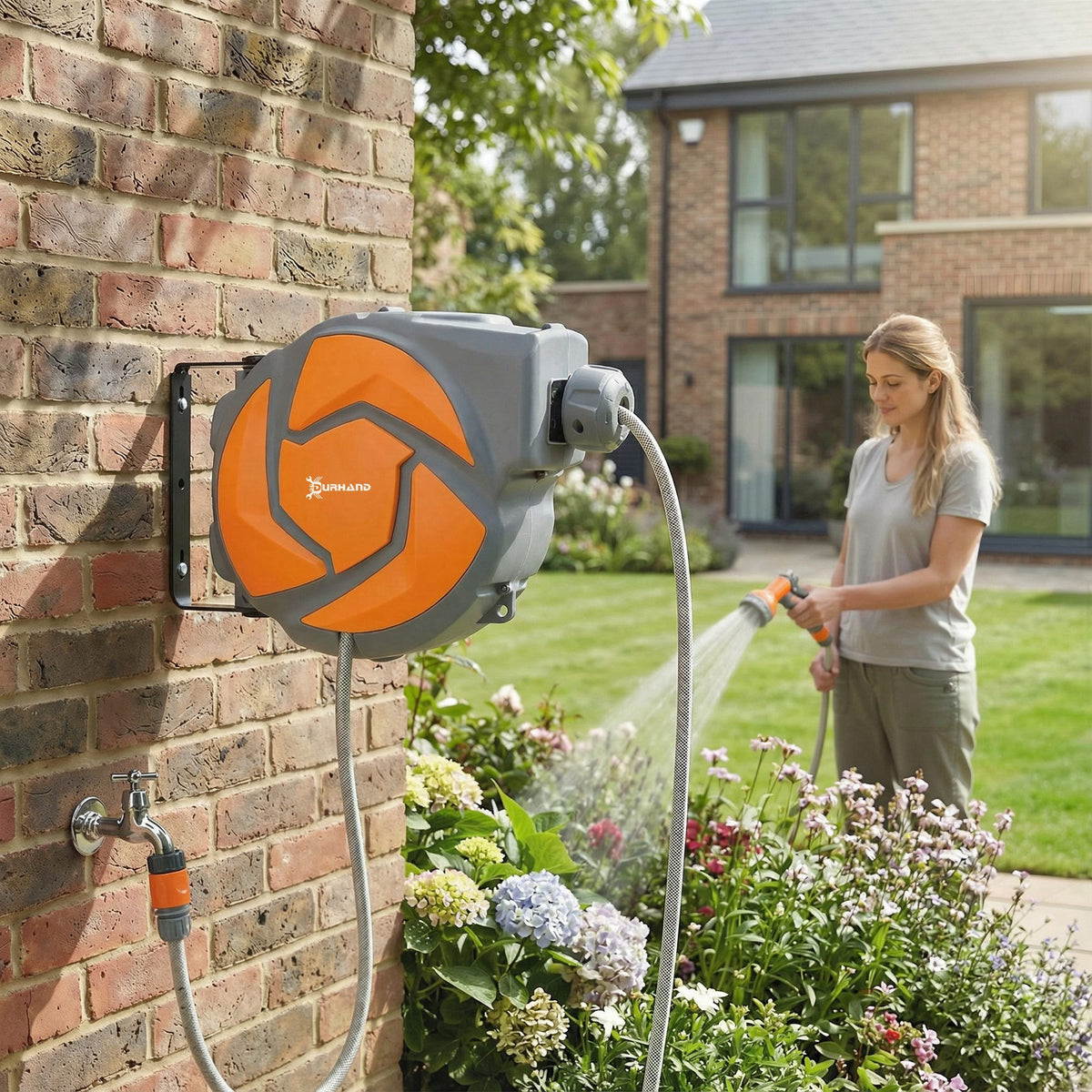10m Wall Mounted Auto Rewind Garden Hose Reel | 7 Pattern Spray Nozzle | 180° Swivel Bracket | 10 Bar | Orange