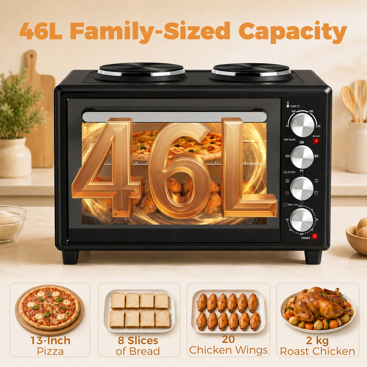Countertop Mini Oven | Black 36L & 46L Electric Cooker with Dual Hotplates, Convection & Rotisserie